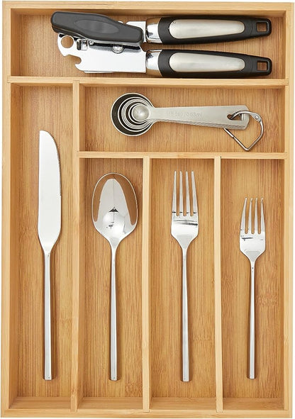 Juvale Silverware Organizer Tray - Brown Bamboo, 6-Slot, 14.5 x 10.25 x 1.75 in - Utensil Drawer Organizer & Cutlery Tray for Kitchen & Desk Use
