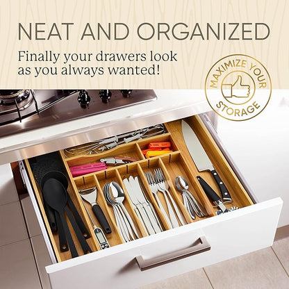 Night Tree 2.5” Extra Deep Silverware Drawer Organizer with Adjustable Dividers – Expandable Bamboo Flatware Tray for Kitchen, Reinforced Wood Cutlery Holder (14"-21.6" Wide)