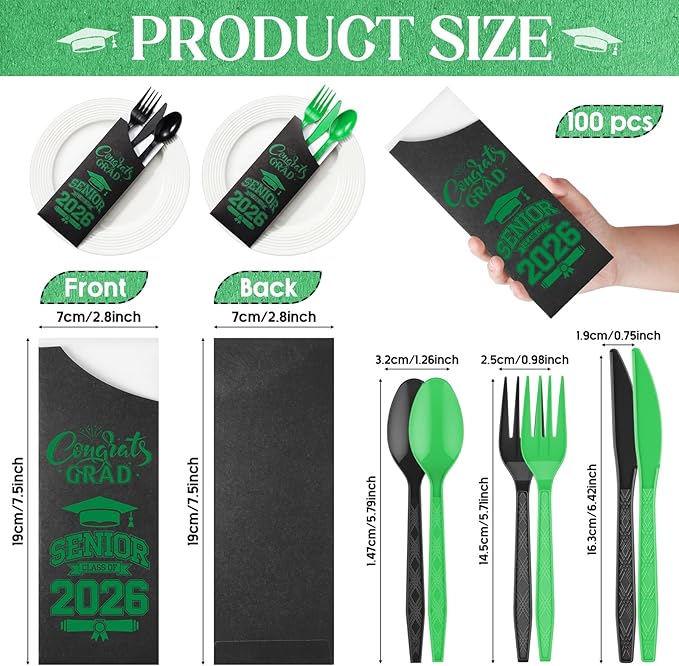 Funnymoom 400 Pcs 2026 Graduation Wrapped Silverware Bags Holder - Disposable Dinnerware Set Includes Plastic Spoons Knives and Forks, Class of 2026 Parties School Congrats Supplies(Black and Green)
