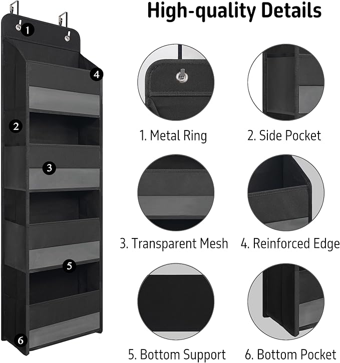 TYMENSH Over The Door Hanging Organizer with 4 Large Pockets – Closet, Bathroom, Nursery, Bedroom, Dorm Storage for Toys, Cosmetics, and Baby Essentials, Black