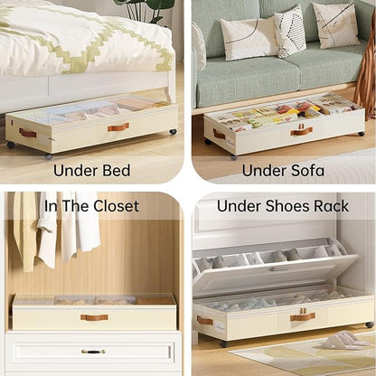 Yecaye Under Bed Storage with Wheels, 65L Under Bed Storage Containers with Adjustable Dividers & Clear Lid, Rolling Underbed Organizer Bins Drawer for Clothes, Shoes, Blankets, 2 Pack