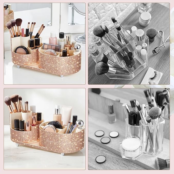 Teen Girls Mother's Day 360 Rotating Bling Makeup Organizer Gift Rhinestone Diamond Bathroom Organizer Girly Skin Care Brush Holder for Countertop, Bathroom Essentials(Champagne,Rhinestone)
