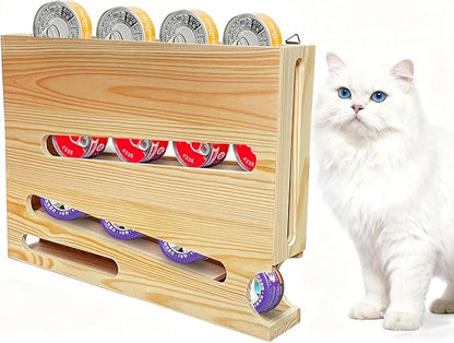 Wood Cat Food Can Organizer, 3-Tier Stackable FIFO Pantry Organizer, Holds 21(3oz) Cans, Upgraded Wall-Mounted Pet Food Can Container for Kitchen Cabinet & Countertop（No Installation Required）