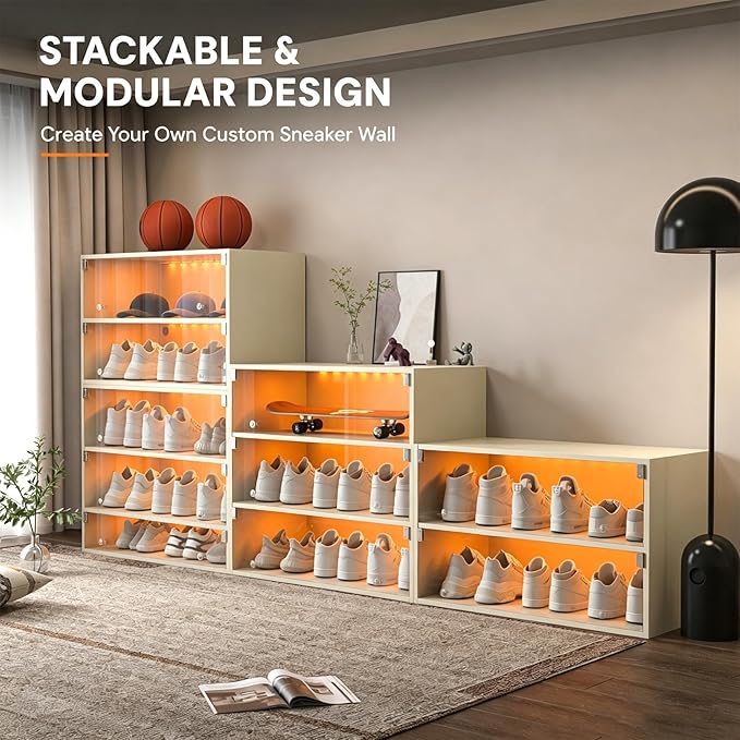 Sneaker Display Case with Lights featuring LED Intelligent Control Shoe Storage Box, Stackable LED Shoe Box Wood Shoe Display Case for Luxury Sneaker Storage (Beige 3-layer)