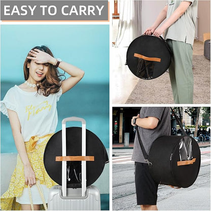 Pehciroe Modern Black Round Hat Box Storage, Portable Felt Travel Hat Boxes with Translucent Dustproof Lid and Shoulder Strap, 16.9" x 8.3" x 8.3"