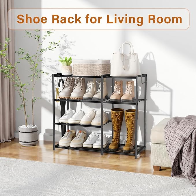 4-Tier Metal Shoe Rack for Entryway Closet, Heavy Duty Metal Shoe Organizer Storage Shelf with Tall Boot Space, Space Saving Free Standing Shoe Tower for Garage Bedroom Hallway, Black