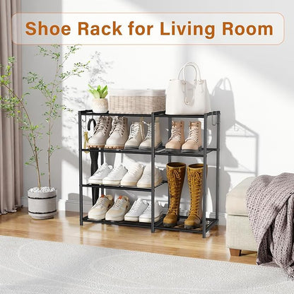 4-Tier Metal Shoe Rack for Entryway Closet, Heavy Duty Metal Shoe Organizer Storage Shelf with Tall Boot Space, Space Saving Free Standing Shoe Tower for Garage Bedroom Hallway, Black