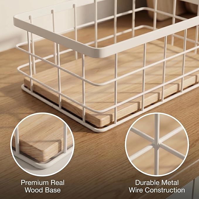 2-Pack White Coffee Pod Holder Basket with Wooden Base - Minimalist Cpffee Pod Organizer for Coffee Station, High-Capacity Wire Capsule Storage for Kitchen Countertop Office