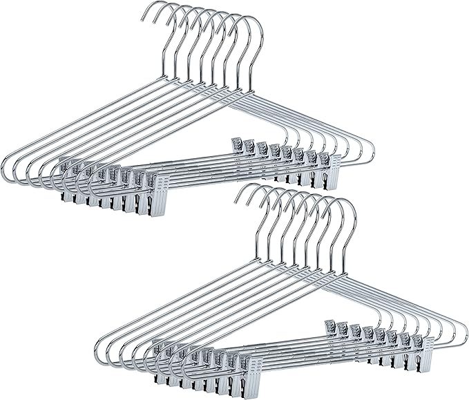 Quality Pant/Skirt Blouse Hanger 100-Pack, Heavy-Duty Skirt Hangers with Clips, Adjustable Clip Pants Hanger, Chrome (Chrome, 100)