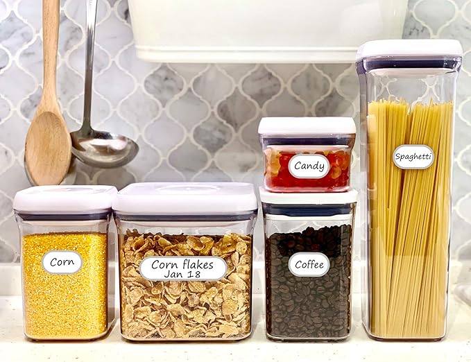 Waterproof Vinyl Kitchen Labels for OXO POP Containers, Removable Writable Food Storage Stickers, Tear-Resistant Pantry Organization Decals for Plastic, Glass Jars, 2 Assorted Sizes, 64 Pack