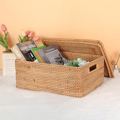 Hipiwe Handwoven Rattan Basket with Lid Decorative Shelf Basket Bin with Handle Rectangular Wicker Storage Box for Home Organizing, 17" x 13" x 6.7"