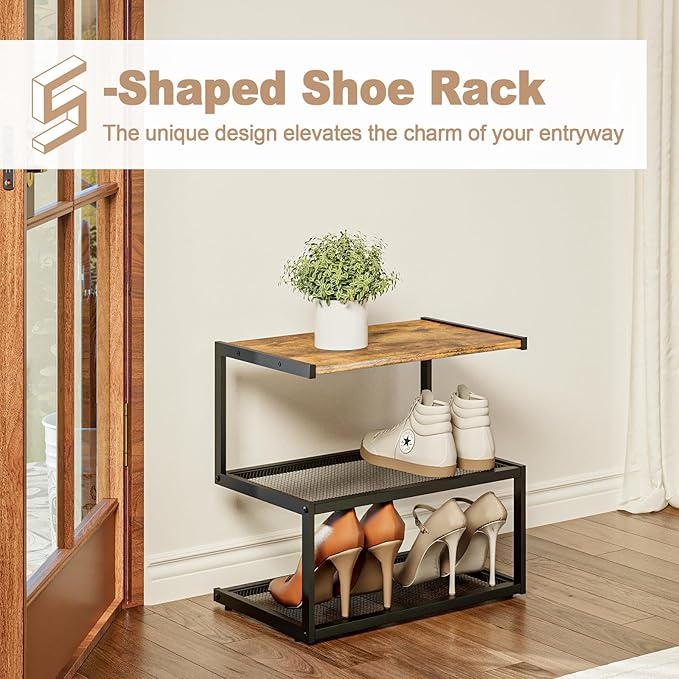 Shoe Rack, Unique 5-Shaped Free Standing Shoe Shelf, 3-Tier Wooden Shoe Organizer with Wooden Top and Steel Frame for Front Door Entrance, Entryway, Hallway, 16.54" D x 10.24" W x 16.14" H