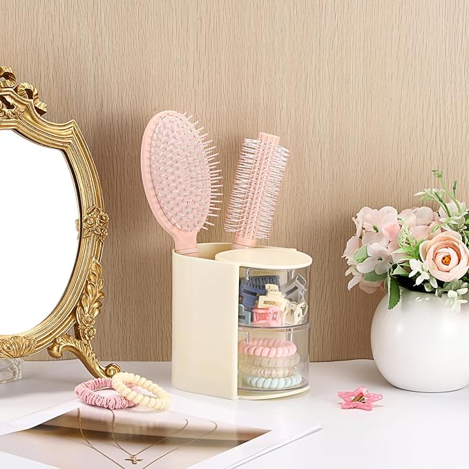 Rotating Hair Accessories Organizer with Comb Holder Cosmetic Storage Case for Makeup Sponge Plastic Desktop Organizer, 2-Layer Yellow