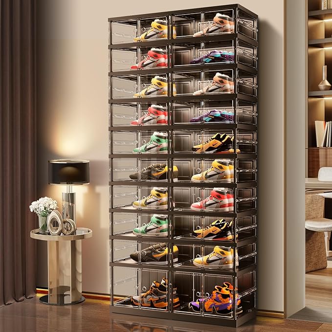 EHAMILY 10 Tiers 20-40 Pairs Foldable Shoe Boxes Large Plastic Shoe Storage Rack Collapsible Shoe Organizer for Closet Clear Stackable Shoes Shelf Storage Cabinet with Doors Quick Assembly Black