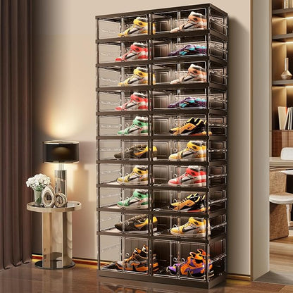 EHAMILY 10 Tiers 20-40 Pairs Foldable Shoe Boxes Large Plastic Shoe Storage Rack Collapsible Shoe Organizer for Closet Clear Stackable Shoes Shelf Storage Cabinet with Doors Quick Assembly Black