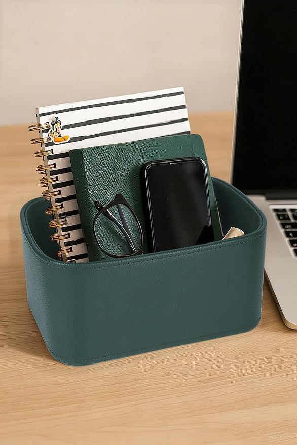 HofferRuffer Faux Leather Storage Baskets Bins with Velvet Lining for Organizing, Storage, Gifts, Set of 3 Nesting Shelf Baskets Decorative Storage Boxes for Home Organization (Green)