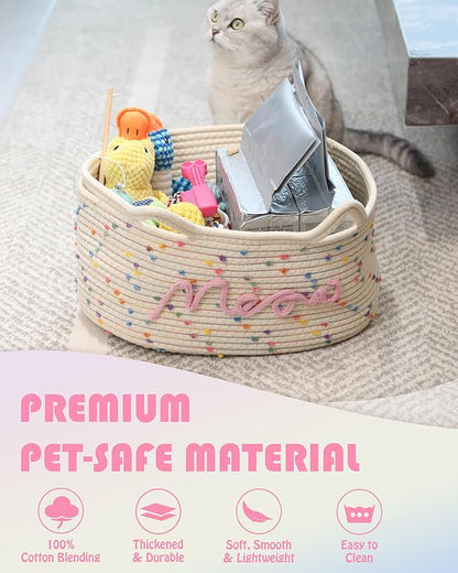 Sea Team Cat Toy Basket with Handles, 16.5 x 11 x 7 Inches, 4.4 Gallons Large Cotton Rope Storage Bin, Box, Shelf Organizer for Pet Chew Toys, Foods, Rainbow Meow