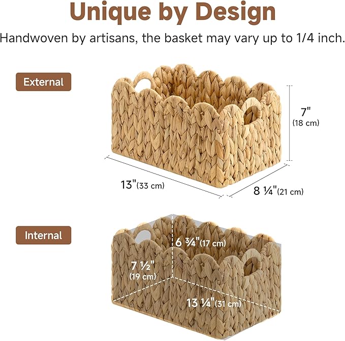 StorageWorks Scalloped Water Hyacinth Baskets, Hand-woven Rattan Baskets with Built-in Handles, Cute Baby Basket for Nursery, Basket for Organizing and Decor, 13"L x 8¼"W x 7"H