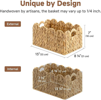 StorageWorks Scalloped Water Hyacinth Baskets, Hand-woven Rattan Baskets with Built-in Handles, Cute Baby Basket for Nursery, Basket for Organizing and Decor, 13"L x 8¼"W x 7"H