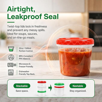 EONJOE 32oz Plastic Containers with Lids,Reusable Freezer Meal Prep Food Leftover Storage Jars Bowls Stackable,12-pack