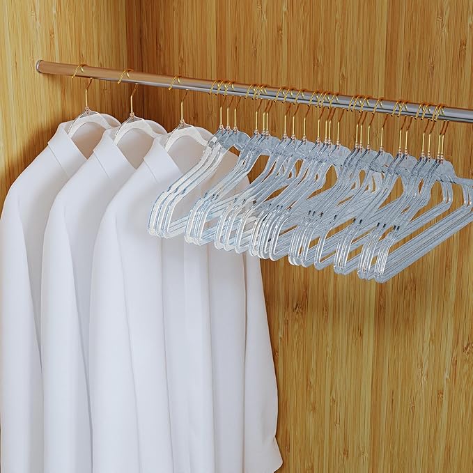 50 Pack Clear Plastic Hangers with Blue Glitter, Acrylic, Ultra Slim, Space Saving, for Coats, Pants, Suits, Shirts, Skirts, Dress Clothes
