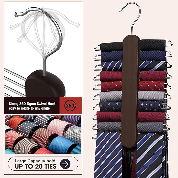 Tie Hanger 2 Pack, Rust Resistant Wooden Necktie Organizer with 360 Degree Rotation for Tie, Belt, Scarf Storage