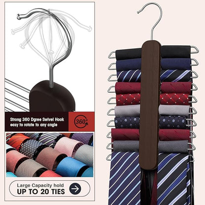 Tie Hanger 2 Pack, Rust Resistant Wooden Necktie Organizer with 360 Degree Rotation for Tie, Belt, Scarf Storage