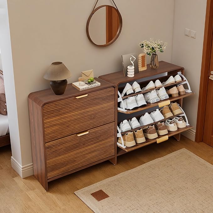 RARZOE Set of 2 Fluted Shoe Storage Cabinets for Entryway, Narrow Curved Shoe Cabinet with 2 Flip Drawers, Wood Hidden Shoe Organizer Closed Shoe Rack Cabinet for Foyer,Hallway (29.5''Walnut)