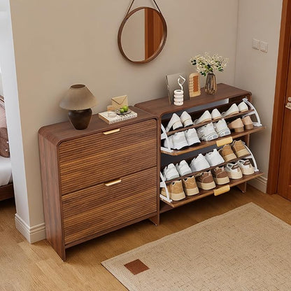 RARZOE Set of 2 Fluted Shoe Storage Cabinets for Entryway, Narrow Curved Shoe Cabinet with 2 Flip Drawers, Wood Hidden Shoe Organizer Closed Shoe Rack Cabinet for Foyer,Hallway (29.5''Walnut)