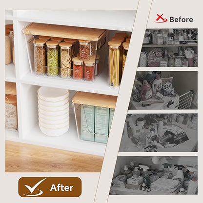 Criusia 4 Set Pantry Organizers and Storage with Bamboo Lids, Stackable Clear Bins for Onion, Potato, Fruit, Vegetables, Trash Bag Dispenser, Kitchen and Under Sink Organizer