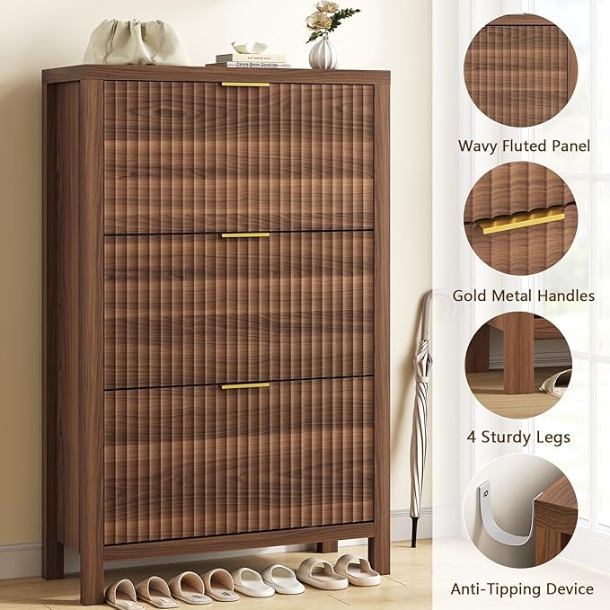 YOMILUVE Shoe Cabinet Storage for Entryway, Fluted Shoe Cabinet with 3 Flip Drawers, Hidden Shoe Rack Tall Freestanding Shoe Organizer with Legs for Hallway, Walnut