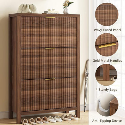 YOMILUVE Shoe Cabinet Storage for Entryway, Fluted Shoe Cabinet with 3 Flip Drawers, Hidden Shoe Rack Tall Freestanding Shoe Organizer with Legs for Hallway, Walnut