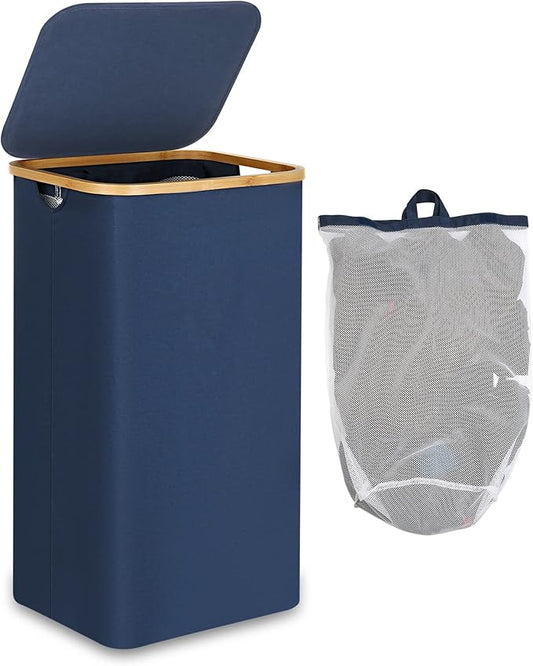 efluky Laundry Basket with Lid and Removable Bag, 100L Tall Laundry Hamper with Bamboo Handles, Aesthetic Dirty Clothes Bin for Laundry Room, Bathroom, Bedroom and Dorm, Blue