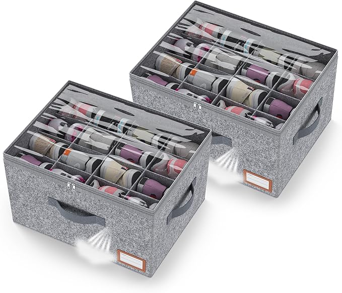 Adjustable Storage Bins for Closet, Wardrobe Clothes Organizer, Shoe Bin, Shoe Organizer, Toys, Closet Storage Solution with Clear Window (Felt Grey 32Pairs, 32Pairs)