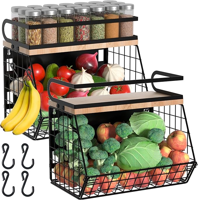 Magnetic Spice Rack for Refrigerator, Fruit, Potato & Onion Storage Bin,Large Capacity Magnetic Shelves for Side of Refrigerator, Kitchen Organizers and Storage Countertop,2 Pack Black