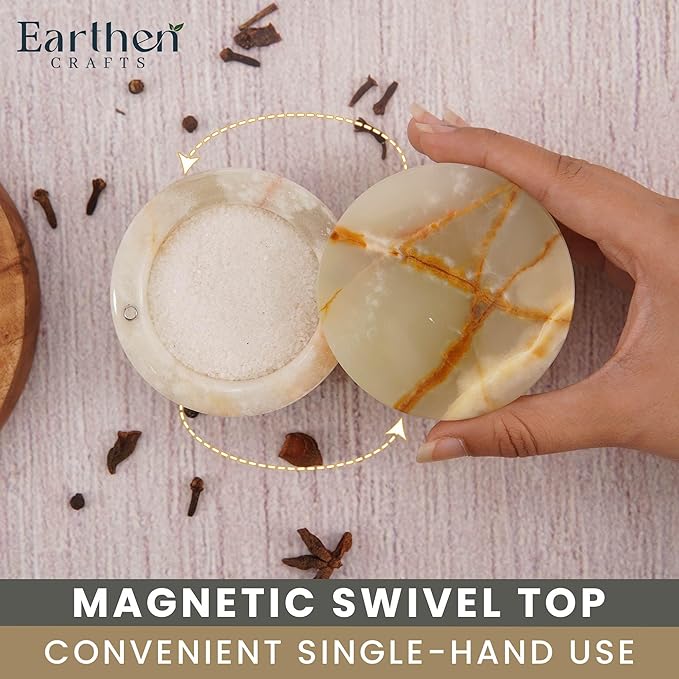 Marble Salt Cellar with Swivel Magnetic Lid 3 Inches Green Mini Salt Keeper for Countertop, 2.5 OZ Capacity, Kosher Salt and Seasoning Storage Container for Kitchen or Bath Salt