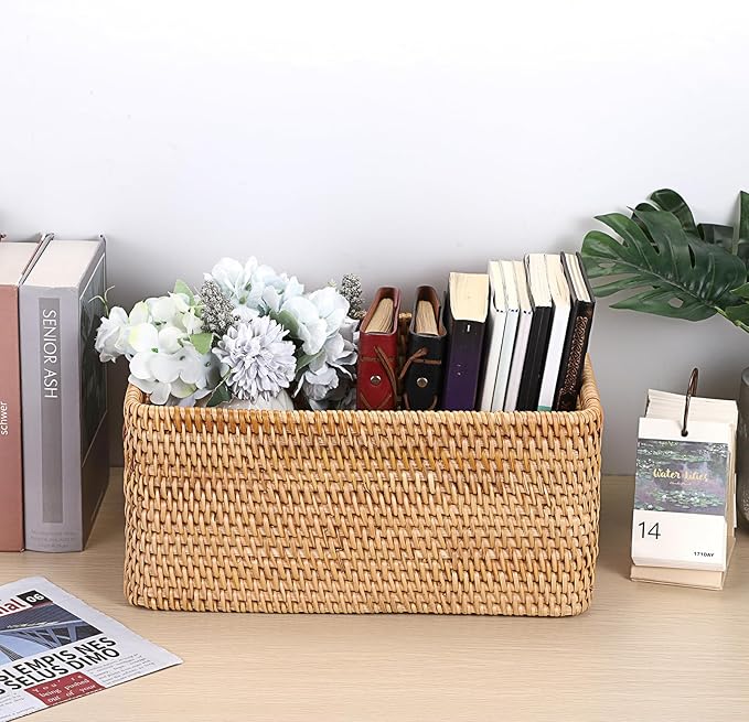 Hipiwe Handwoven Wicker Basket for Organizing Natural Rattan Basket with Handles Rectangular Closet Organizer Bin Multipurpose Storage Box, 13.8" x 9.8" x 6.3"
