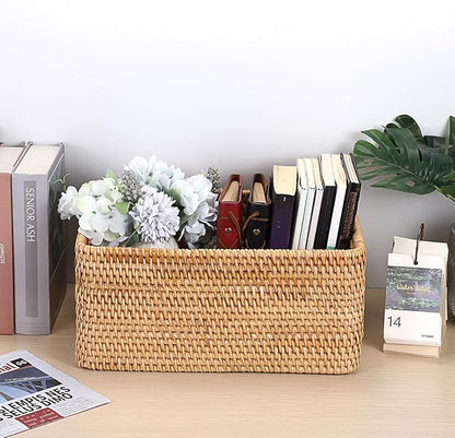 Hipiwe Handwoven Wicker Basket for Organizing Natural Rattan Basket with Handles Rectangular Closet Organizer Bin Multipurpose Storage Box, 13.8" x 9.8" x 6.3"