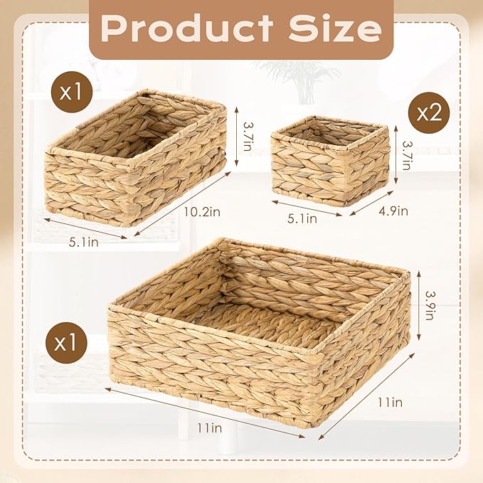 Funnymoom Set of 4-woven Wicker Storage Baskets Storage Bins Natural Water Hyacinth Cube Basket Container Baskets Storage Boxes Organizers Divider for Drawer, Closet, Dresser