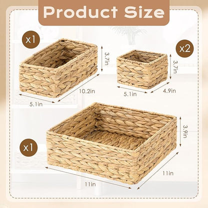 Funnymoom Set of 4-woven Wicker Storage Baskets Storage Bins Natural Water Hyacinth Cube Basket Container Baskets Storage Boxes Organizers Divider for Drawer, Closet, Dresser