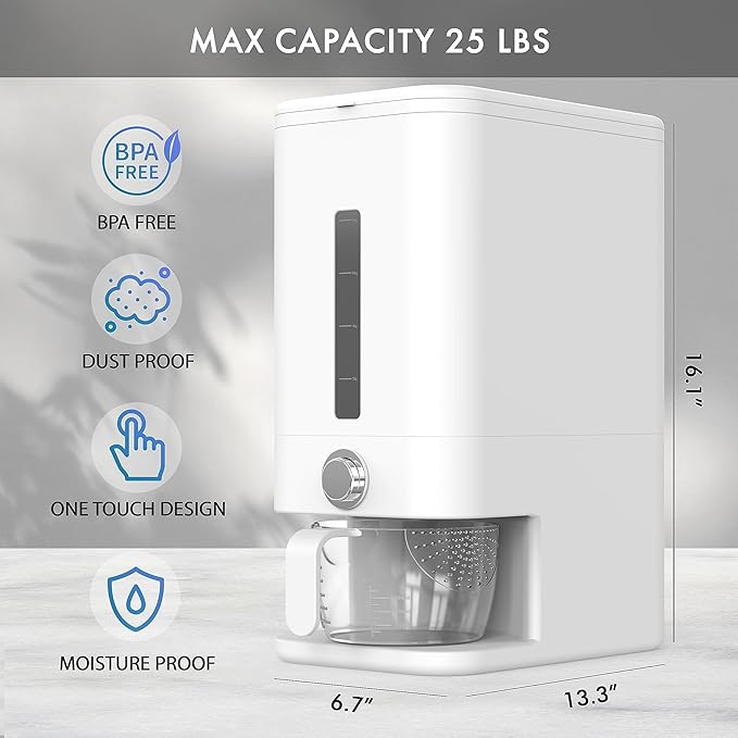 Rice Dispenser - 26.5 lbs Rice Storage Container with Measuring Cup, Rice Scoop & Sponge – Large Cereal Grain Bucket with Scale for Kitchen Pantry Organization, BPA-free, Airtight (White)