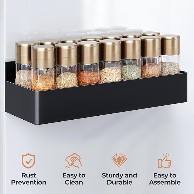Mystozer Magnetic Spice Rack for Refrigerator, Kitchen Organizer and Storage Shelf, Black (4 Pack)…