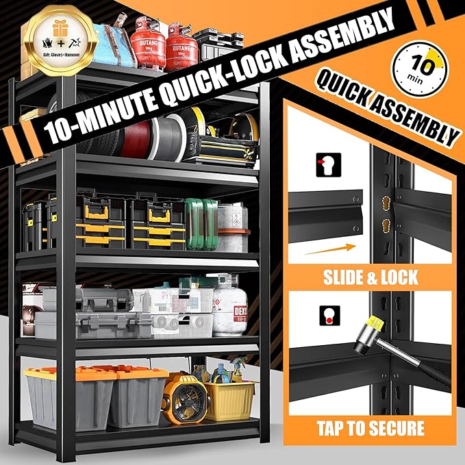 71.2" H Garage Shelving, 5 Tier Storage Shelves Load 3000 lbs, Adjustable Garage Shelves, Metal Shelving Unit for Warehouse, Basement, Pantry, 35.4" Wx 15.7" D x 71.2" H, Black