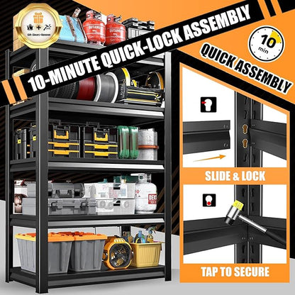 71.2" H Garage Shelving, 5 Tier Storage Shelves Load 3000 lbs, Adjustable Garage Shelves, Metal Shelving Unit for Warehouse, Basement, Pantry, 35.4" Wx 15.7" D x 71.2" H, Black