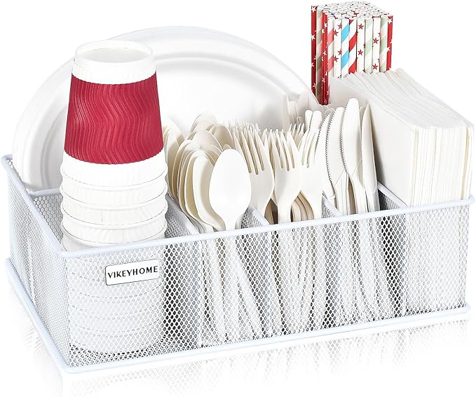 VIKEYHOME Paper Plate Organizer, Metal Silverware Caddy with 6 Compartments for Knives, Spoons, Cups, Forks, Napkins, Utensil Holder for Party, Camping, Picnic, White