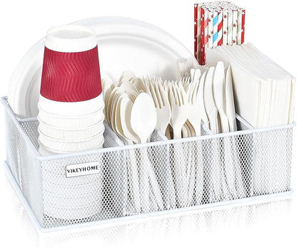 VIKEYHOME Paper Plate Organizer, Metal Silverware Caddy with 6 Compartments for Knives, Spoons, Cups, Forks, Napkins, Utensil Holder for Party, Camping, Picnic, White
