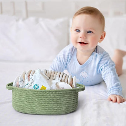 MEGASKET Green Woven Basket, 13" x 9" x 5" Baskets for Gifts Empty, Cute Cotton Rope Cat Dog Toy Bin Box, Small Woven Bin for Organizing, Green Room Decor, Nursery Baby Cloth Diaper Storage Organizer
