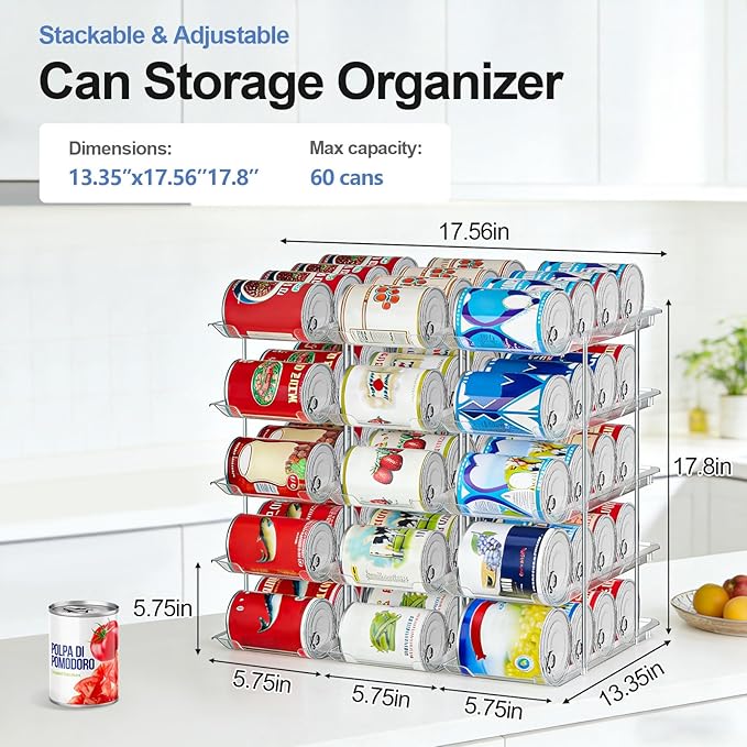 Can Organizer For Pantry Canned Food Goods Organizer For Cabinet Clear Automatic Rolling Can Storage Organizer Pantry Holders Rack, Holds Up to 60 Cans
