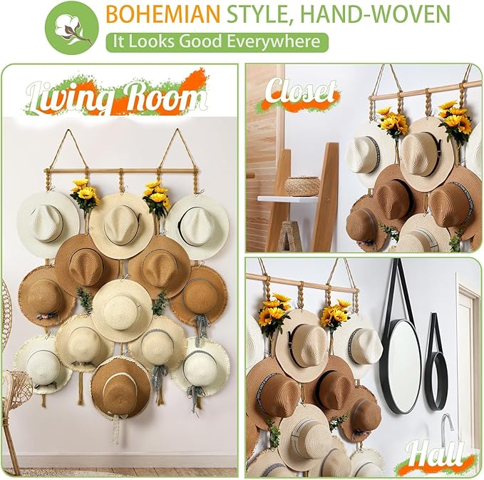 Macrame Hat Organizer Rack for Wall 15 Clips 31x66in Large Fedora Hat Hangers Display for Wide Brimmed Hat Holder Storage Boho Decor for Fedora Sun Straw Panama Closet Bedroom Brown