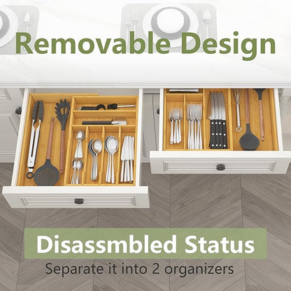 Suli Large Silverware Drawer Organizer, Adjustable Kitchen Flatware for Forks Knives and Spoons, Bamboo Cutlery Utensil Holder, Expandable from 22in-37in, Natural Bamboo